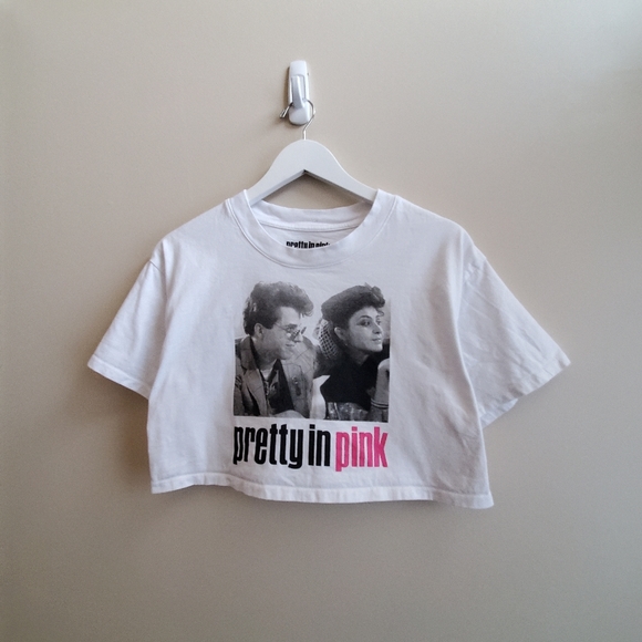 Pretty in pink cropped T shirt, white with print, small size - Picture 2 of 6